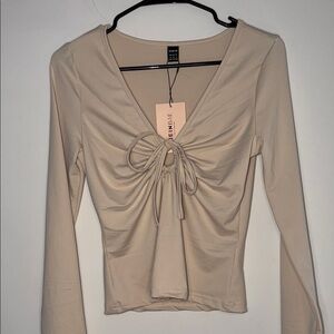 SHEIN Beige Long Sleeve Top with Bow Detail